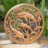 Lineage of PeaceOcean-Themed Hand-Carved Suar Wood Dolphin Relief Panel Direct From Factory