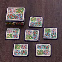 Oneiric ElixirSet of 6 Floral Painted Blue Wood and Papier Mache Coasters Price Drop