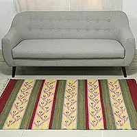 Carnation BudsStriped Wool Area Rug with Vine Motifs (4x6) from India Authentic