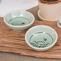 Lovely LotusPair of Floral Celadon Ceramic Condiment Bowls in Green Free Delivery