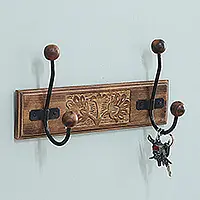 Classic StyleHand-Carved Beech Wood and Iron Floral Coat Rack from India Bargain