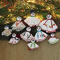 Chekutty HopeSet of 9 Embroidered Viscose Doll Holiday Ornaments in White High Quality