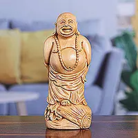 Buddha's BlissHand-Carved Polished Laughing Buddha Kadam Wood Sculpture Fast Shipping