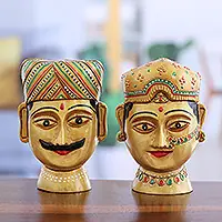 Couple from Rajasthan ISet of 2 Classic Hand-Painted Kadam Wood Sculptures Must Have