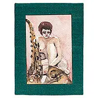 Trending Seated Woman with SaxophoneSigned Expressionist Painting of Seated Woman and Saxophone