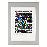 TzintzuniSigned Hummingbird-Themed Xylograph Print from Mexico Hot Deal