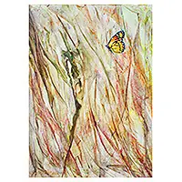 Yellow Butterfly in GrasslandAcrylic & Dyes on Paper Painting of Butterfly in Grasslands Luxury