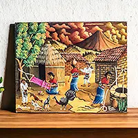 WeaverColorful Oil Painting of a Village Scene in Guatemala Today Only