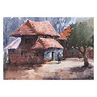 Whispers of the VillageImpressionist Warm Watercolor Painting of a Rural House Secure Checkout