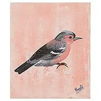 Wintry EveningSigned Painting of a Sparrow in Pink from India Mega Sale