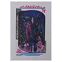 Trending SomnathSigned Expressionist Blue and Pink Acrylic Somnath Painting