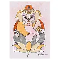 VinayakaSigned Hindu Painting of Lord Ganesha from India Exclusive