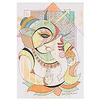 Wholesale Lalitasana (Sitting Posture)Signed Multimedia Expressionist Ganesha Painting from India