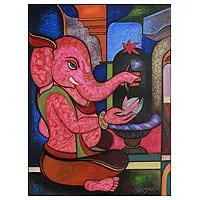 Worshipping GaneshaRed Ganesha Painting from India Best Choice