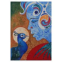 VasundharaSigned Expressionist Acrylic Vasundhara and Peacock Painting Free Delivery