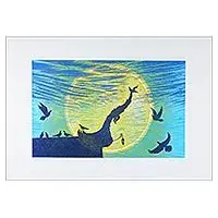 Under the MoonlightSigned Woodcut Print of Birds on a Thai Temple Roof No Minimum Order