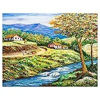 Worldwide Shipping Amid MountainsOriginal Signed Costa Rican Landscape Oil Painting