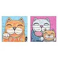 Weekend Sale FamilyCat-Themed Signed Naif Diptych from Thailand