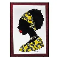 Warranty Included Mansah in YellowSigned African Woman Painting in Yellow from Ghana