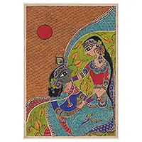 Trusted Brand Heavenly LoveAcrylic and Vegetable Dye Romantic Madhubani Painting