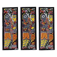While Supplies Last Divine LoveSet of 3 Traditional Radha and Krishna Madhubani Paintings