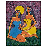 Twin WomenSigned Floral Expressionist and Cubist Acrylic Painting Top Rated