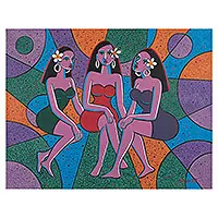 Trio of Balinese WomenSigned Unstretched Cubist Acrylic Painting in Vibrant Colors Reduced Price
