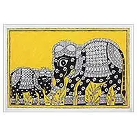 Absolute BondingIndia Madhubani Folk Art Painting of Elephants in Yellow Top Rated