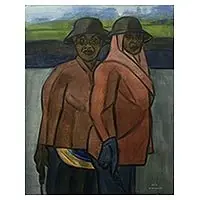 Two FarmersSigned Expressionist Painting of Two Farming Women from Bali Top Pick