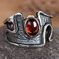 Fresh Stock Passion's StrengthAbstract Sterling Silver Garnet Cocktail Ring from Armenia