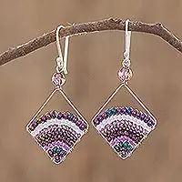 Purple Bead RainbowPurple Dangle Earrings With Glass Beads and Silver Hooks Place Order