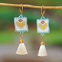 Trending Celestial HeartsGold-Accented Glass Bead Dangle Earrings with Ivory Tassels