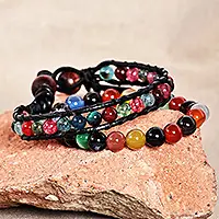 Affordable Harmonious EnergiesBlack Leather and Natural Agate Bracelets (Set of 2)