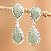 Joyous DropsSterling Silver Dangle Earrings with Green Jade Stones Same Day Shipping