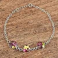 Purple Anahuac FlowersSterling Silver Chain Bracelet with Three Flowered Pendants Professional Grade