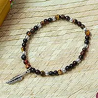 Feather FlairTiger's Eye Stretch Bracelet with Taxco Silver Feather Charm Same Day Shipping