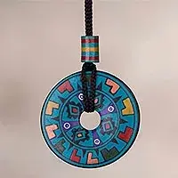 Price Drop Garden of the SunHand Painted Blue Multicolored Ceramic Pendant Necklace