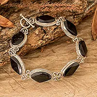 Faceted OvalsSterling Silver Link Bracelet with Oval Black Jade Stones Reduced Price