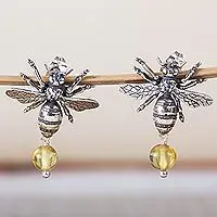 Worker BeesBee-Themed Amber Dangle Earrings from Mexico Special Discount