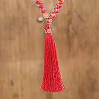Limited Offer Sea Crystals in RedHandmade Agate and Crystal Beaded Red Long Tassel Necklace