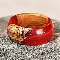 Handmade Chic FireHand-Carved Red Apricot Wood and Resin Band Ring