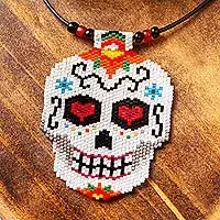 White SkeletonBeadwork Day of the Dead White Skull Huichol Necklace Don’t Miss Out