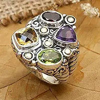 Worldwide Shipping Rainbow PalaceGold Accent Multi-Gemstone Cocktail Ring from Bali