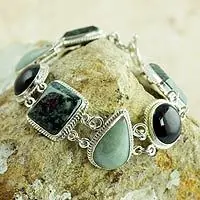 Natural GeometryGreen and Black Jade on Sterling Silver Bracelet Limited Offer