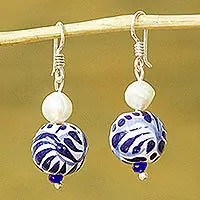 Indigo BloomCultured Pearl and Ceramic Puebla-Style Bead Dangle Earrings Same Day Shipping