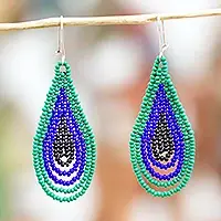 Hot Deal Rain Forest DropsGreen and Blue Drop-Shaped Beaded Earrings from Mexico