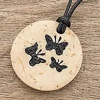 Big Sale Three ButterfliesCoconut Shell and Lava Stone Butterfly Pendant Necklace