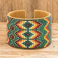 Handmade Geometric DiversityBeaded Leather and Suede Cuff Bracelet Handmade in Guatemala
