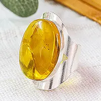 Gleaming GlamSterling Silver Adjustable Cocktail Ring with Oval Amber Hot Picks