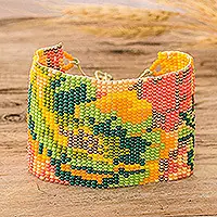 Bargain Tropical WindsAdjustable Orange and Green Glass Beaded Wristband Bracelet